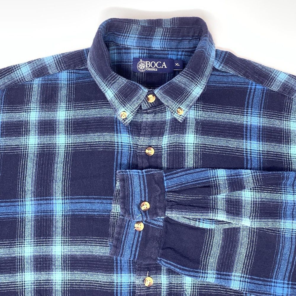 Boca Classics Blue Plaid‎ Flannel Long Sleeve Button Up Men's Shirt Size XL